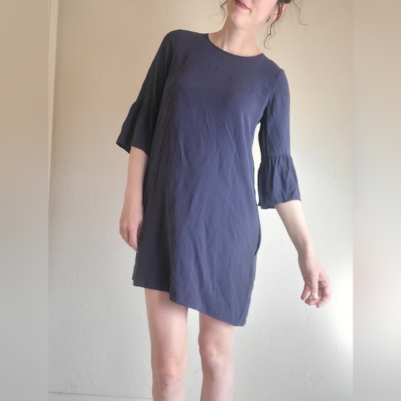 Eileen Fisher navy blue 100% Silk 3/4 bell sleeve shift dress size PP/PTP - Picture 2 of 8